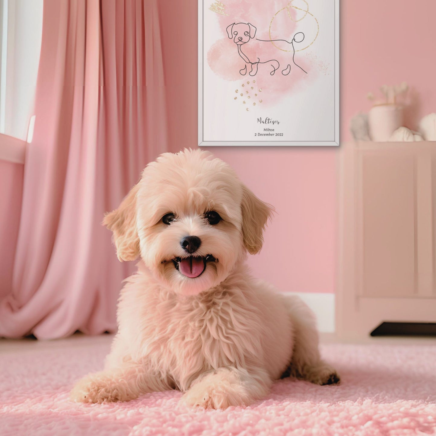 Minimalistisk rosa poster med Maltipoo och en charmig Maltipoo-hund bredvid, design från Colorful Pets.