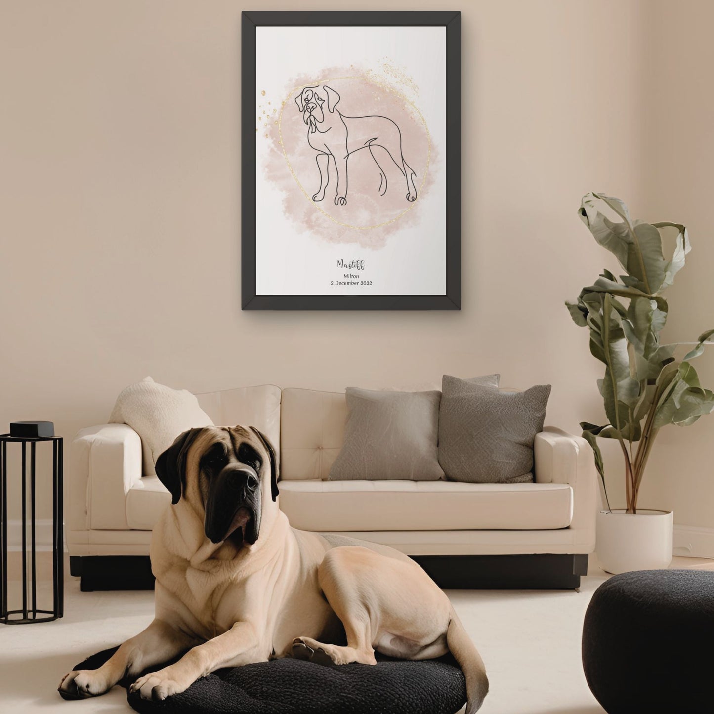 Minimalistisk beige poster med Mastiff och en ståtlig Mastiff-hund bredvid, design från Colorful Pets.