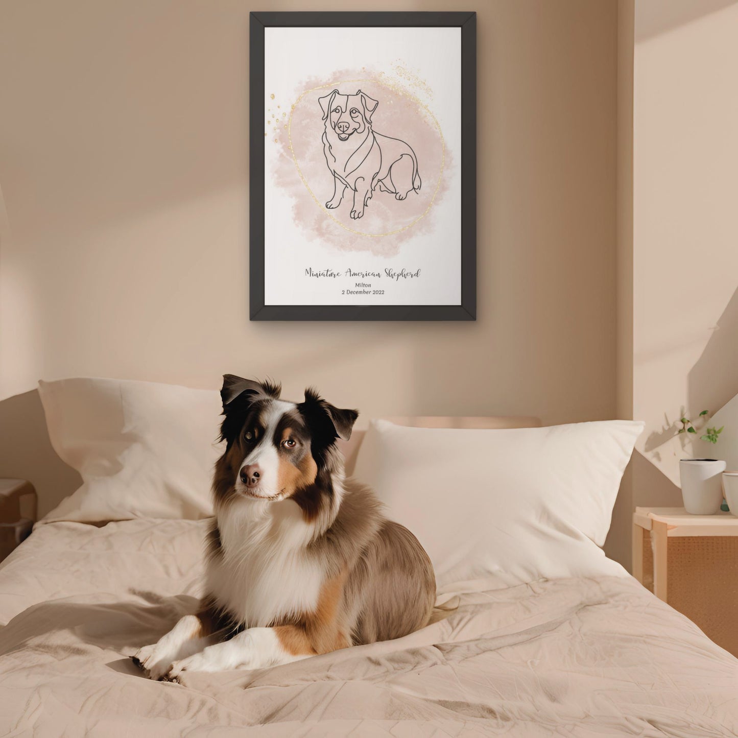 Minimalistisk beige poster med Miniature American Shepherd och en lekfull Miniature American Shepherd-hund bredvid, design från Colorful Pets.
