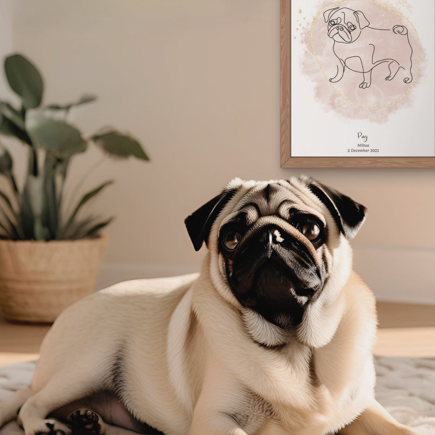 Minimalistisk beige poster med Mops och en söt Mops-hund bredvid, design från Colorful Pets.