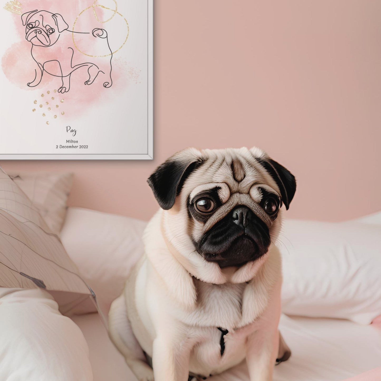 Minimalistisk rosa poster med Mops och en söt Mops-hund bredvid, design från Colorful Pets.