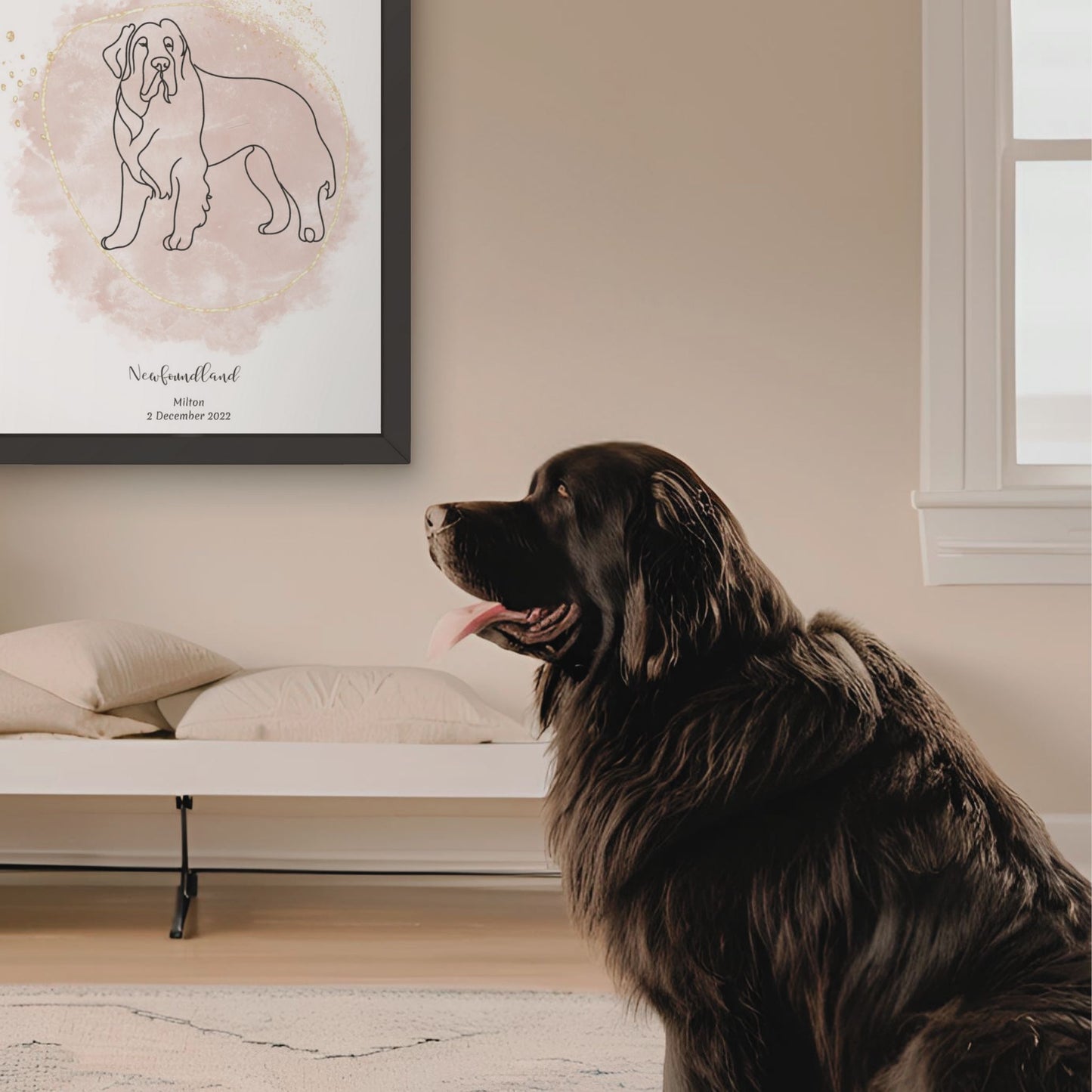 Minimalistisk beige poster med Newfoundland och en söt Newfoundland-hund bredvid, design från Colorful Pets.