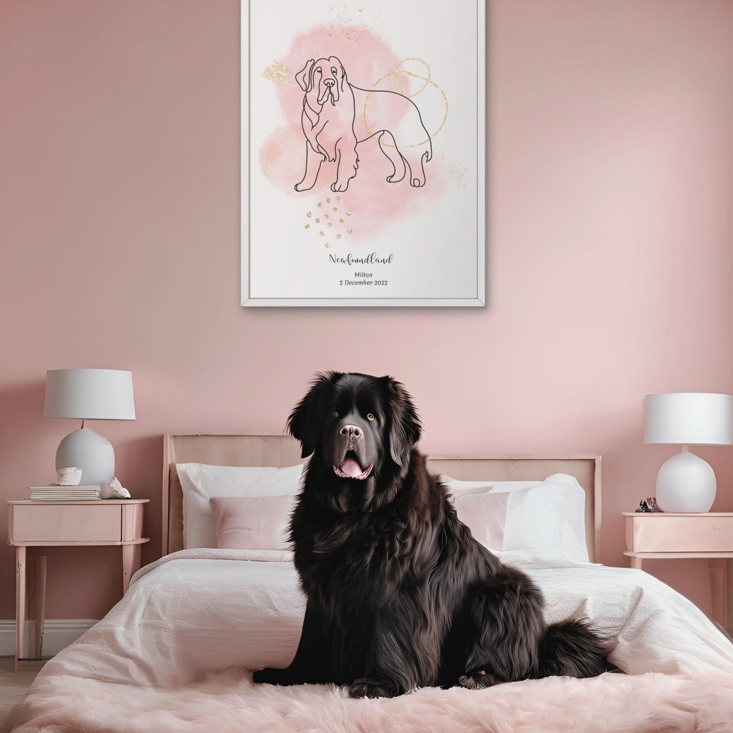Minimalistisk rosa poster med Newfoundland och en vänlig Newfoundland-hund bredvid, design från Colorful Pets.