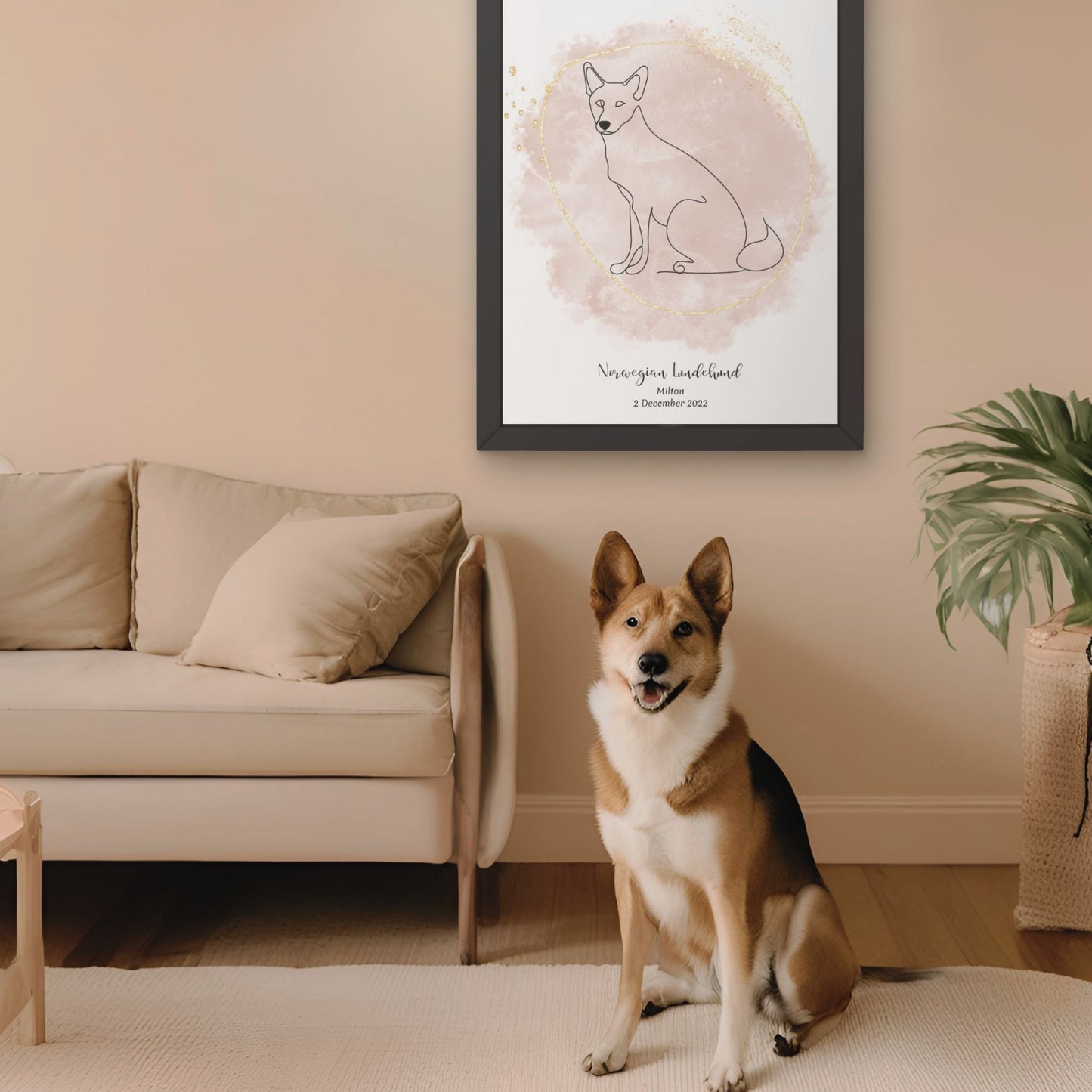 Minimalistisk beige poster med Norwegian Lundehund och en charmig Norwegian Lundehund-hund bredvid, design från Colorful Pets.