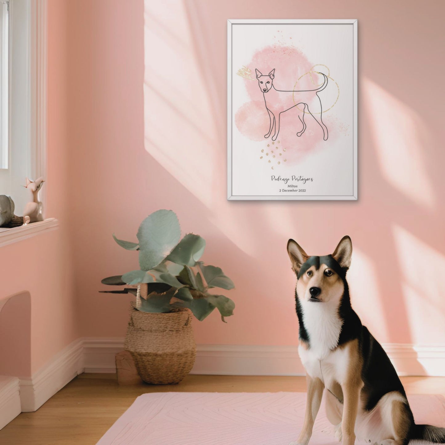 Minimalistisk rosa poster med Norwegian Lundehund och en charmig Norwegian Lundehund-hund bredvid, design från Colorful Pets.