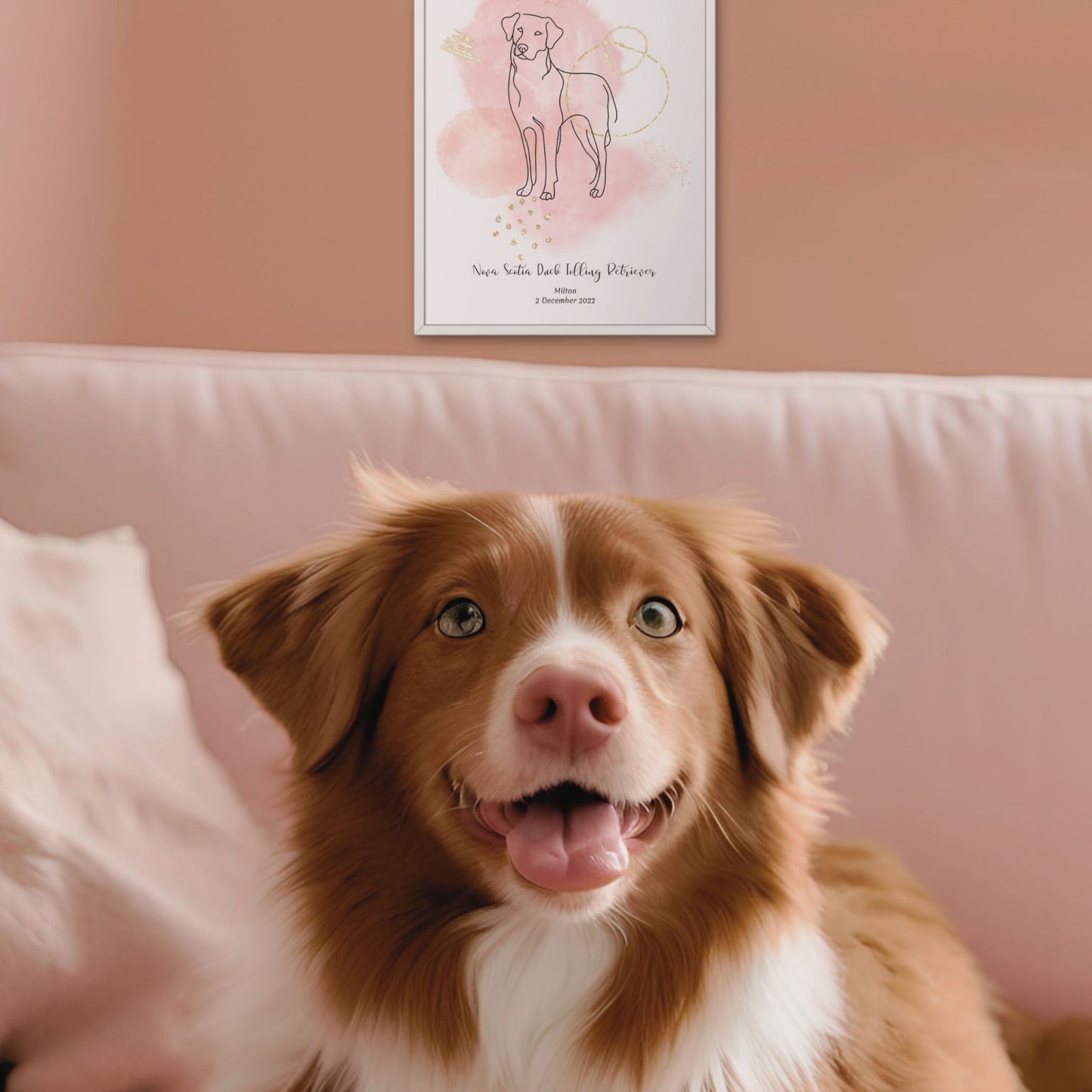 Minimalistisk rosa poster med Nova Scotia Duck Tolling Retriever och en glad Nova Scotia Duck Tolling Retriever-hund bredvid, design från Colorful Pets.