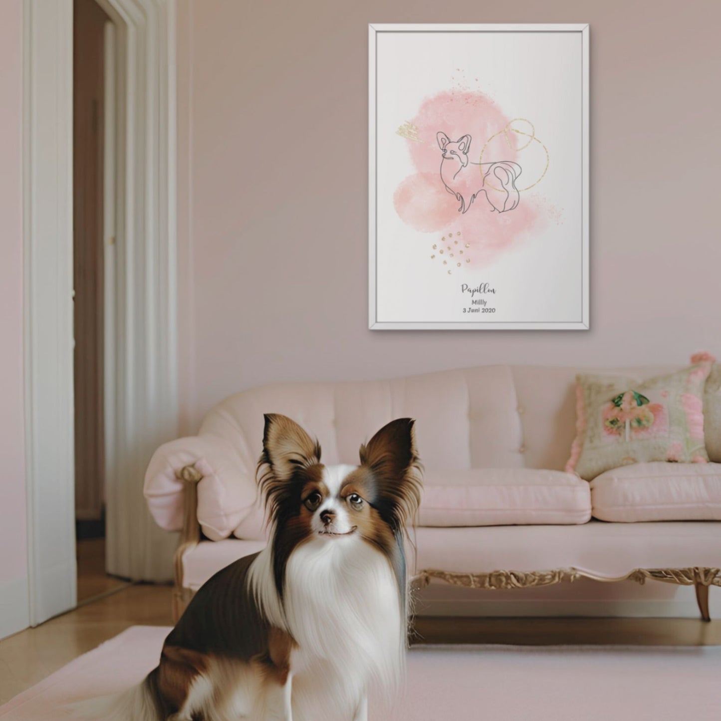 Minimalistisk rosa poster med Papillon och en söt Papillon-hund bredvid, design från Colorful Pets.