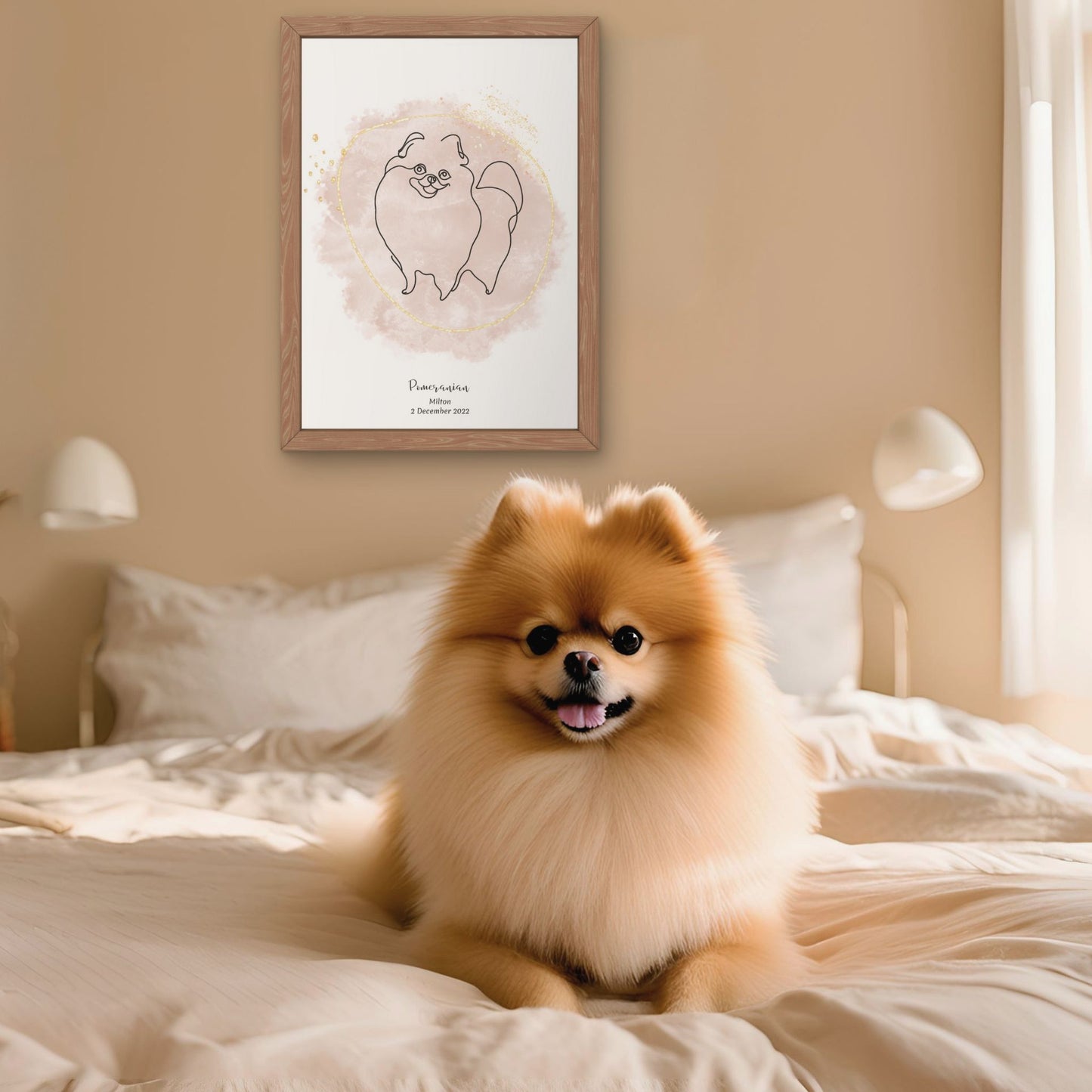 Minimalistisk beige poster med Pomeranian och en fluffig Pomeranian-hund bredvid, design från Colorful Pets.