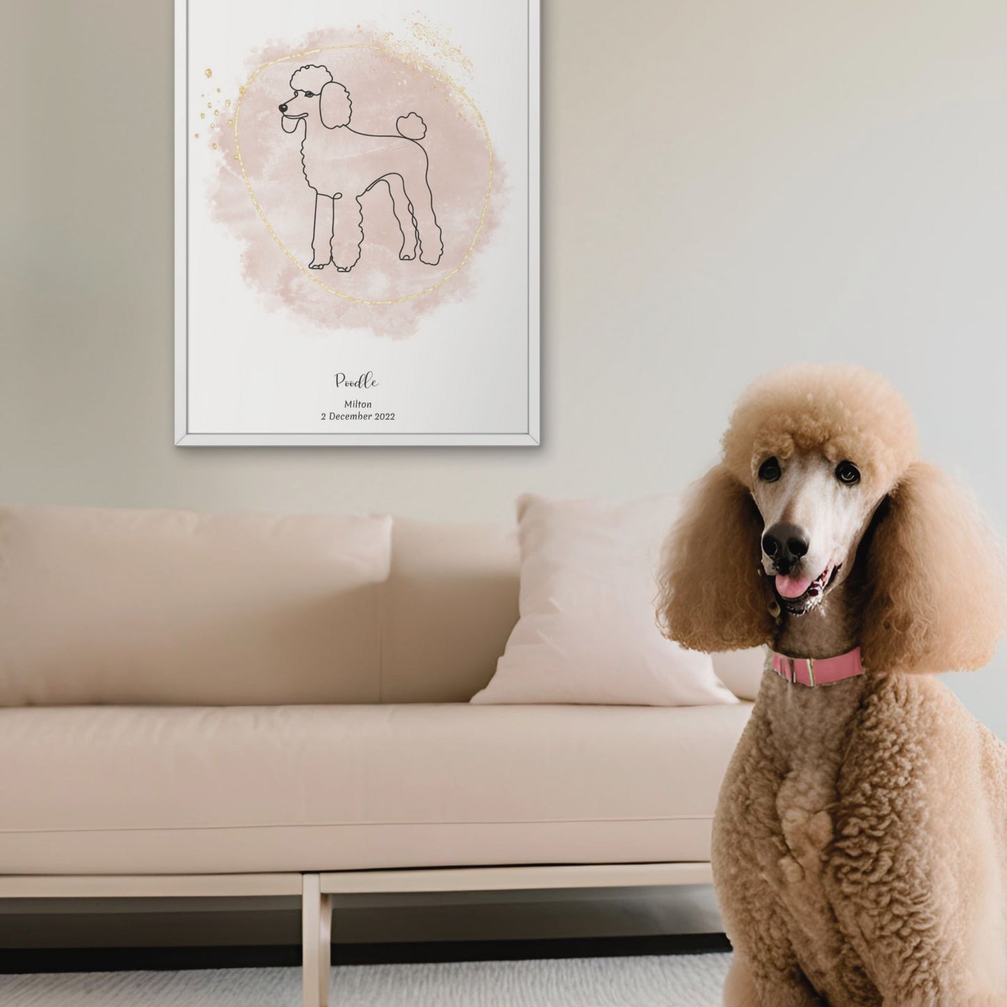 Minimalistisk beige poster med Pudel och en elegant Pudel-hund bredvid, design från Colorful Pets.