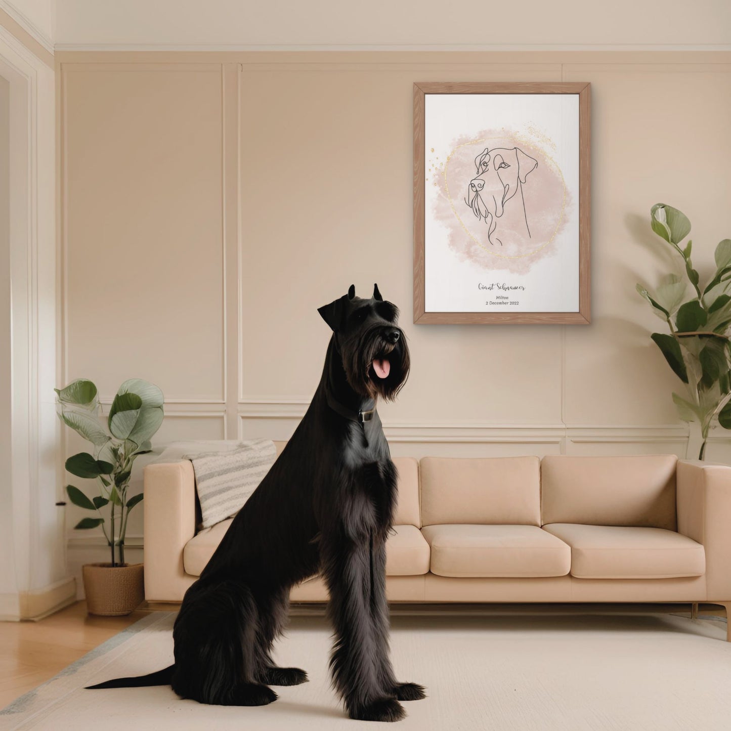Minimalistisk beige poster med Riesenschnauzer och en ståtlig Riesenschnauzer-hund bredvid, design från Colorful Pets.