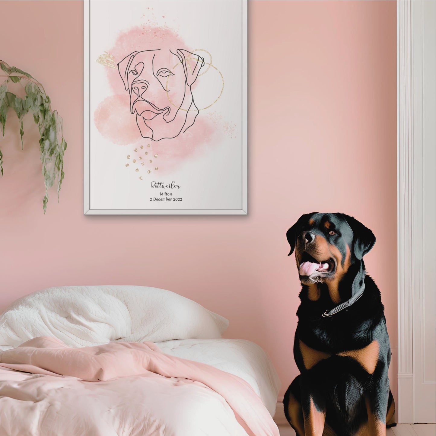 Minimalistisk rosa poster med Rottweiler och en kraftfull Rottweiler-hund bredvid, design från Colorful Pets.