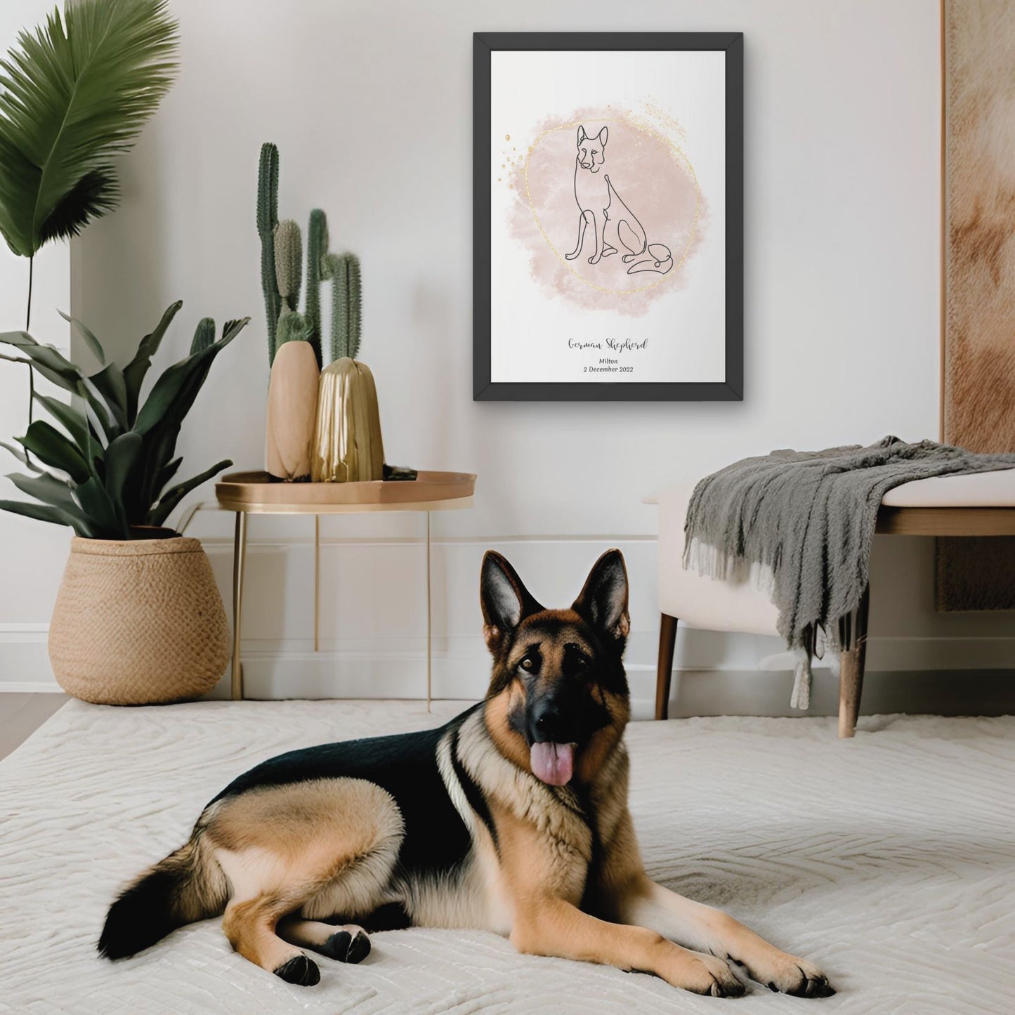 Minimalistisk beige poster med Schäfer och en ståtlig Schäfer-hund bredvid, design från Colorful Pets.