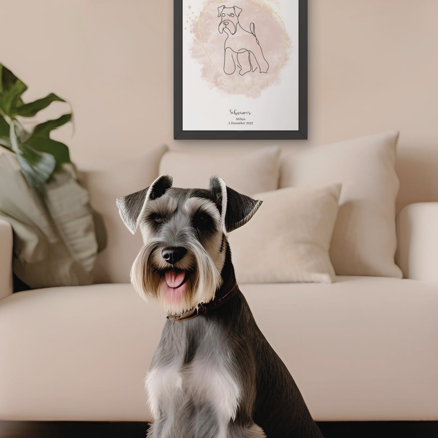 Minimalistisk beige poster med Schnauzer och en charmig Schnauzer-hund bredvid, design från Colorful Pets.