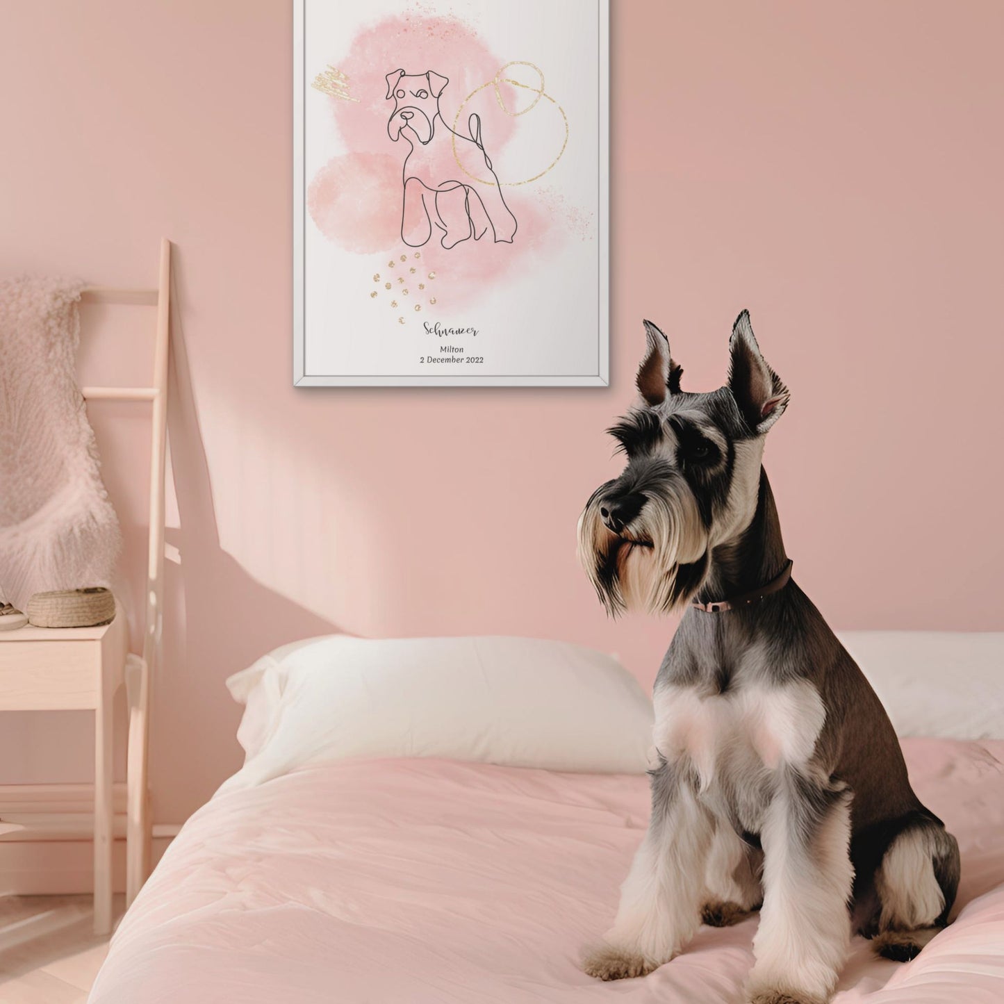 Minimalistisk rosa poster med Schnauzer och en charmig Schnauzer-hund bredvid, design från Colorful Pets.