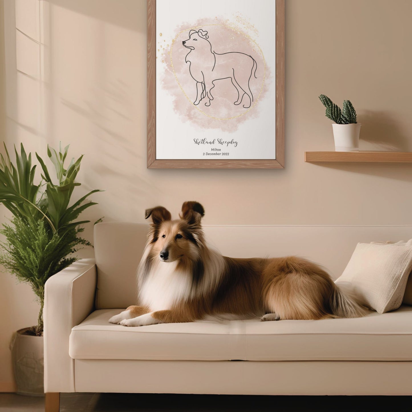 Minimalistisk beige poster med Shetland Sheepdog och en söt Shetland Sheepdog-hund bredvid, design från Colorful Pets.