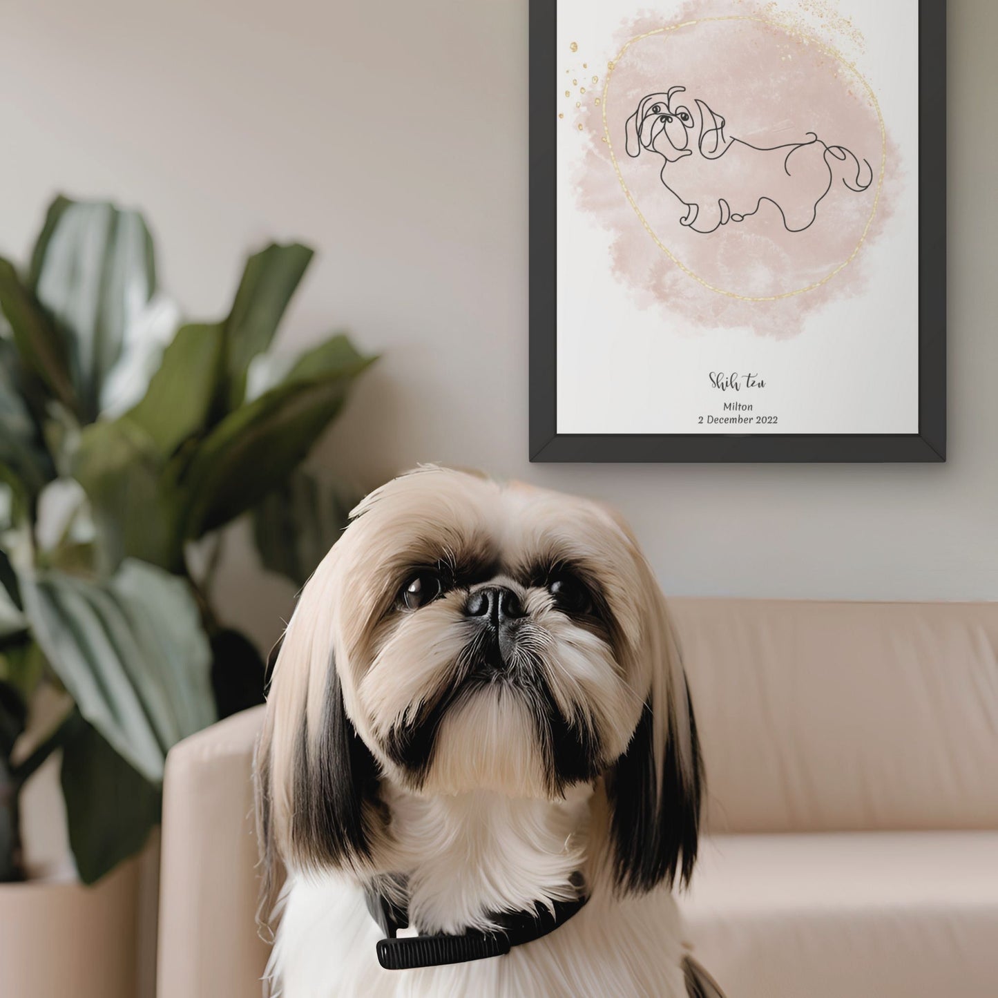 Minimalistisk beige poster med Shih Tzu och en söt Shih Tzu-hund bredvid, design från Colorful Pets.