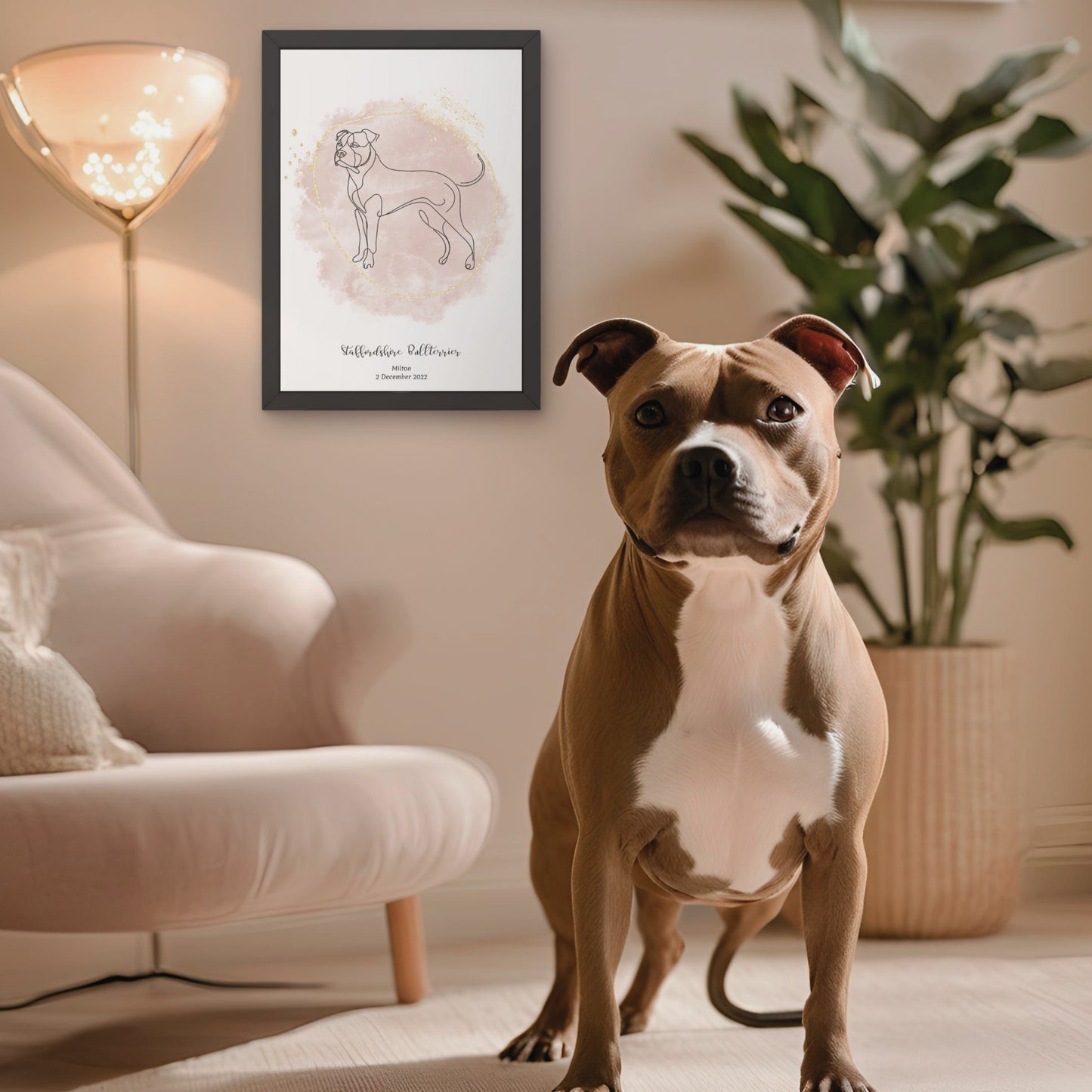 Minimalistisk beige poster med Staffordshire Bullterrier och en charmig Staffordshire Bullterrier-hund bredvid, design från Colorful Pets.