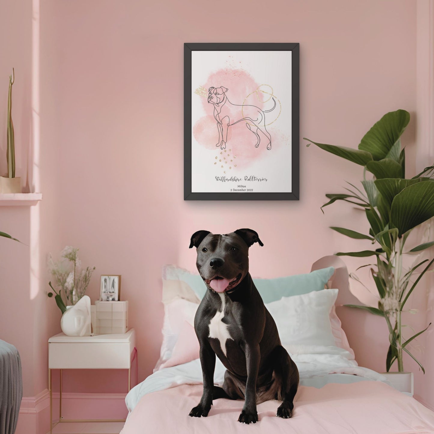 Minimalistisk rosa poster med Staffordshire Bullterrier och en charmig Staffordshire Bullterrier-hund bredvid, design från Colorful Pets.