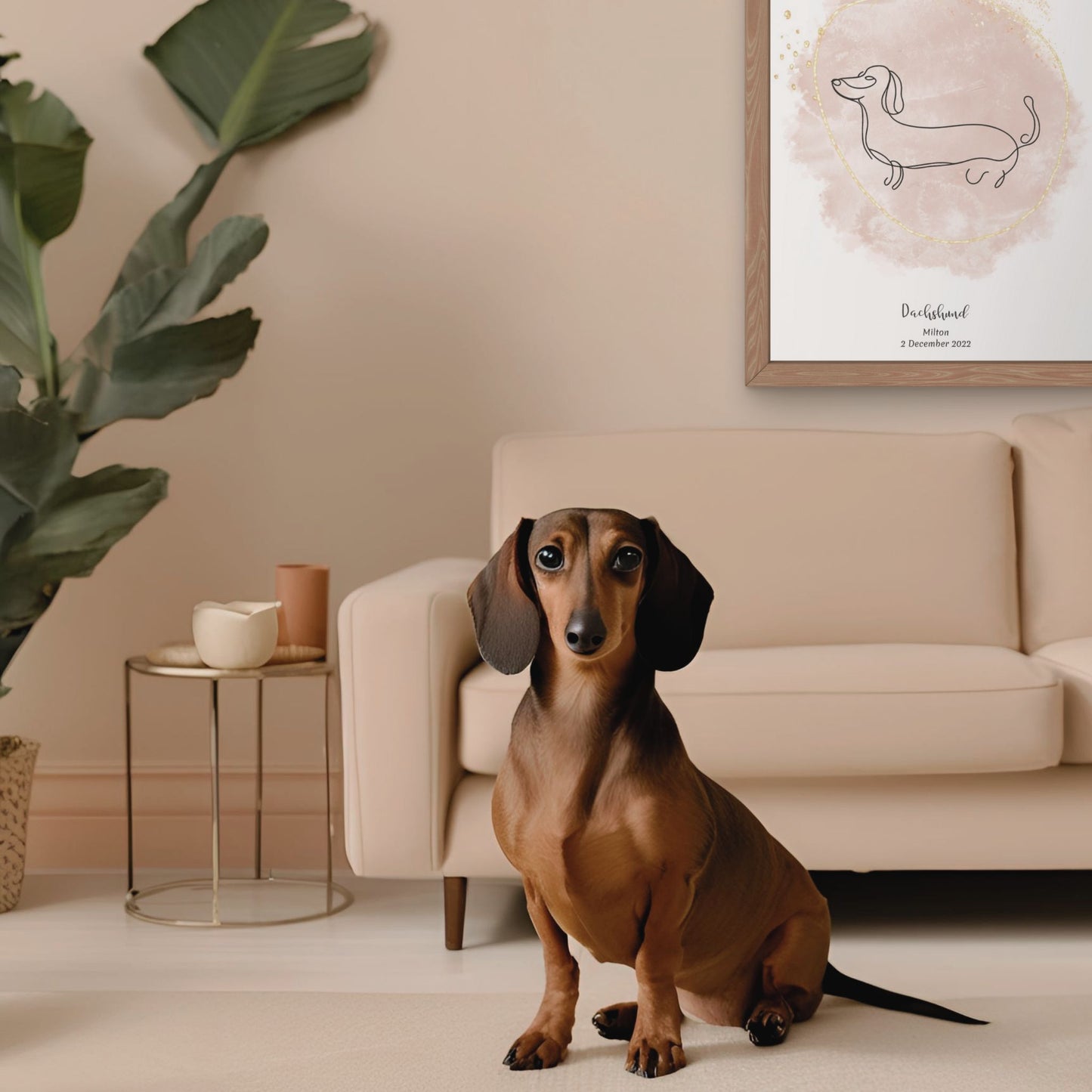 Minimalistisk beige poster med Tax och en söt Tax-hund bredvid, design från Colorful Pets.