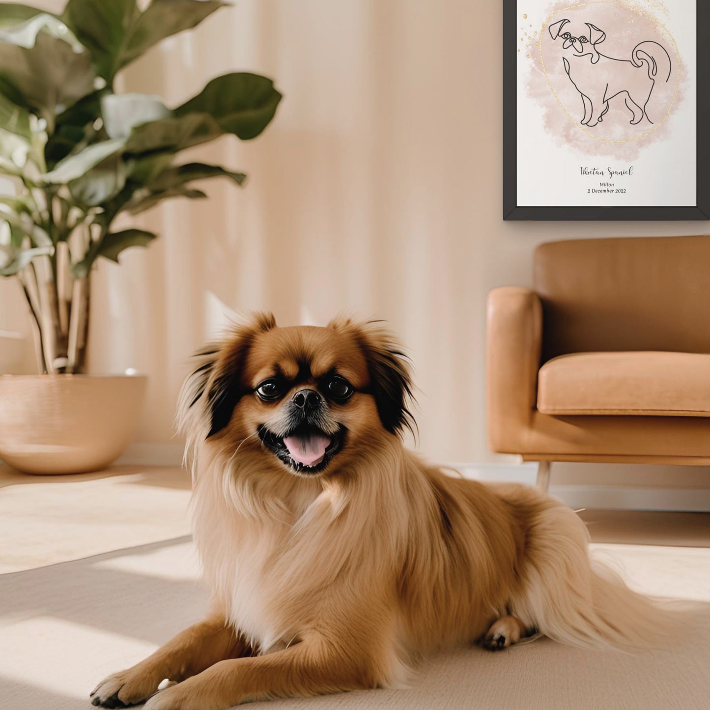 Minimalistisk beige poster med Tibetansk Spaniel och en söt Tibetansk Spaniel-hund bredvid, design från Colorful Pets.