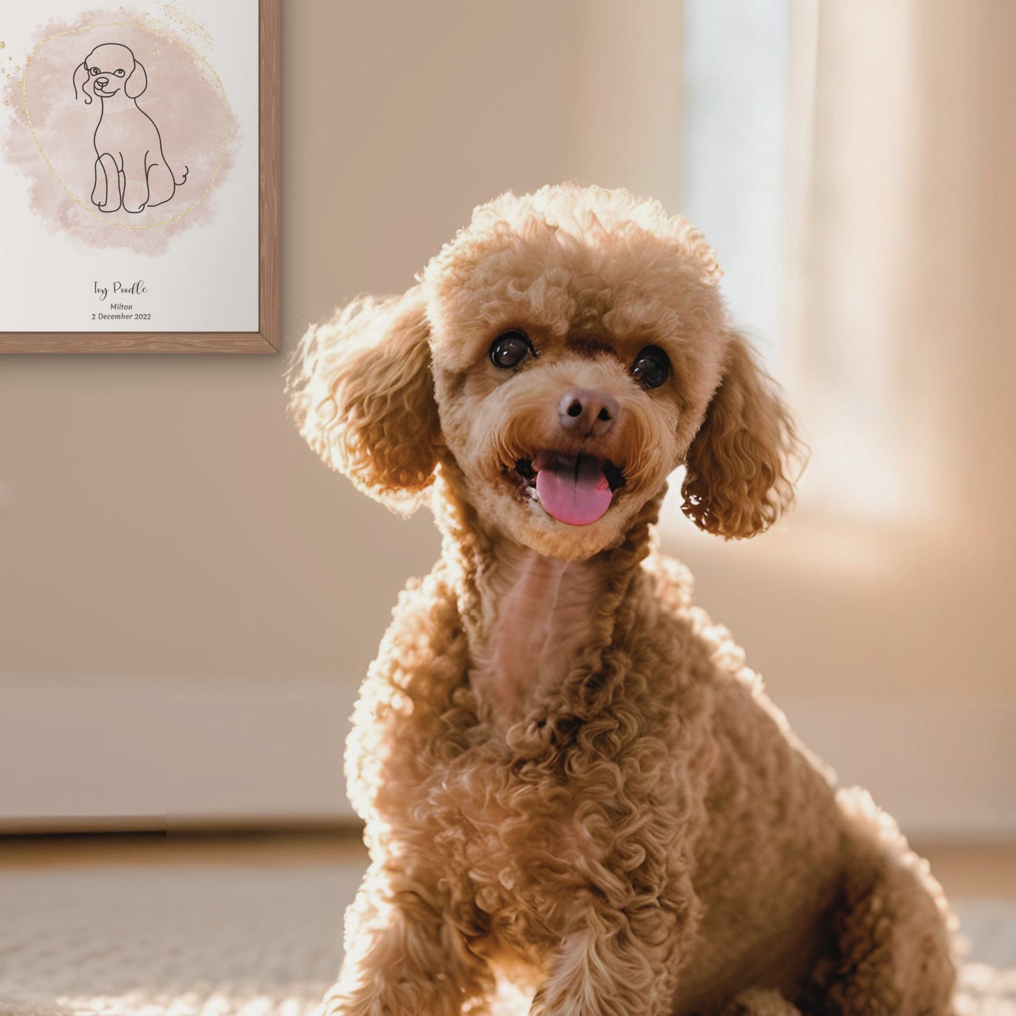 Minimalistisk beige poster med Toy Pudel och en söt Toy Pudel-hund bredvid, design från Colorful Pets.