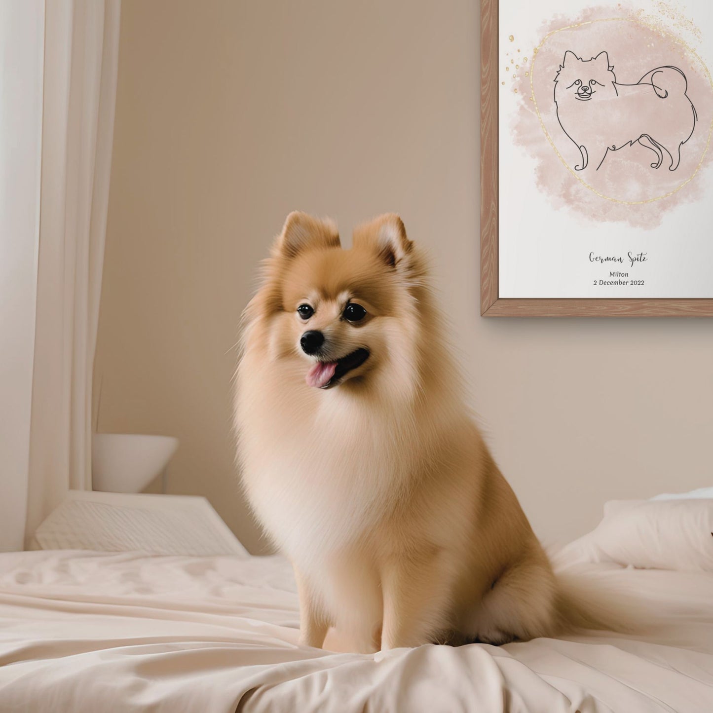 Minimalistisk beige poster med Tysk Spets och en söt Tysk Spets-hund bredvid, design från Colorful Pets.