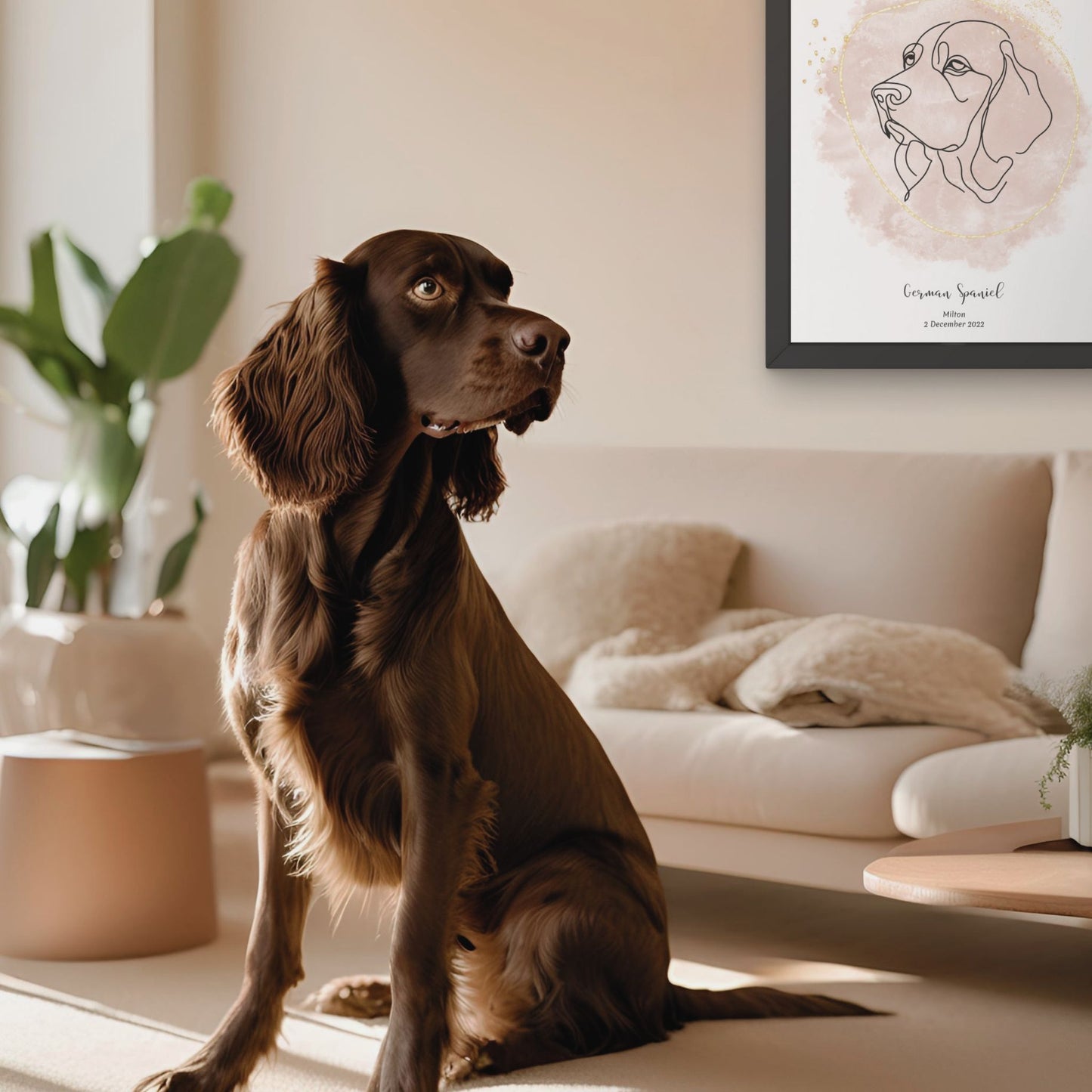 Minimalistisk beige poster med Wachtelhund och en söt Wachtelhund-hund bredvid, design från Colorful Pets.