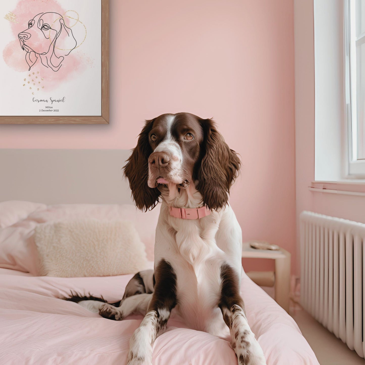 Minimalistisk rosa poster med Wachtelhund och en söt Wachtelhund-hund bredvid, design från Colorful Pets.