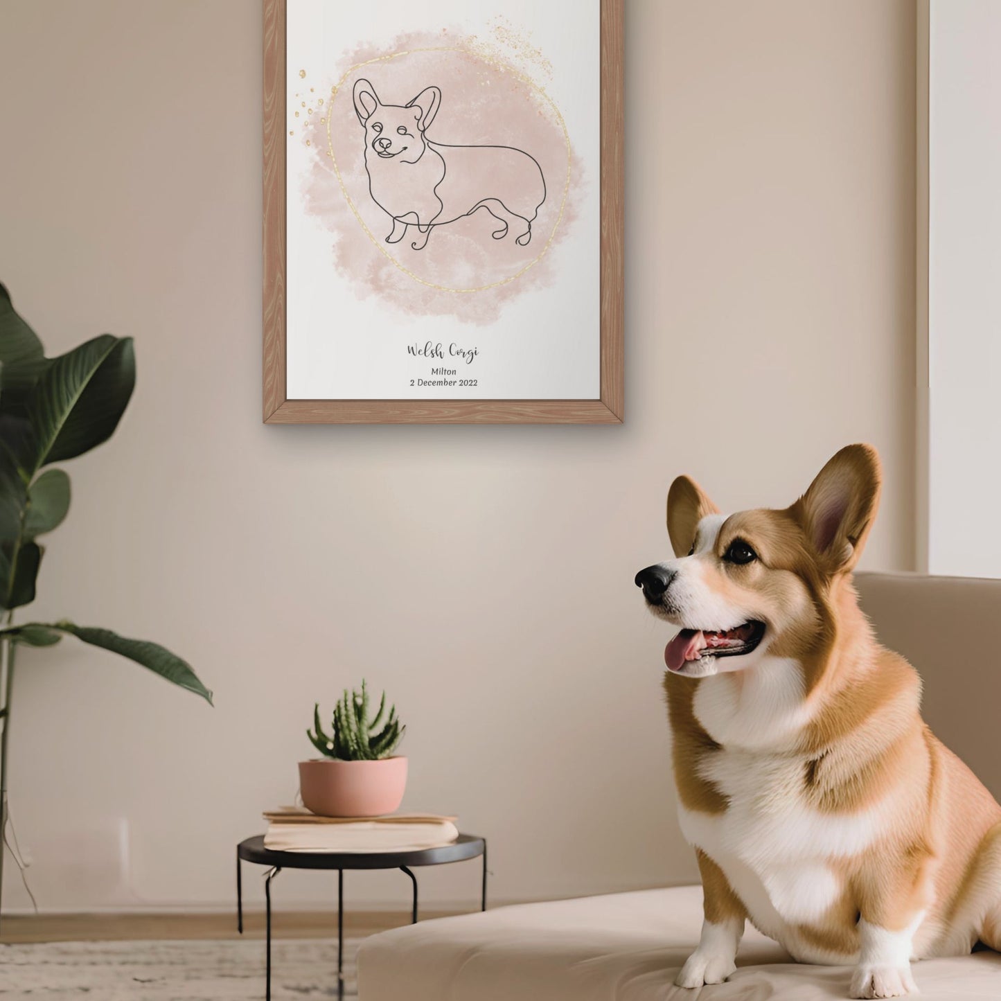 Minimalistisk beige poster med Welsh Corgi och en söt Welsh Corgi-hund bredvid, design från Colorful Pets.