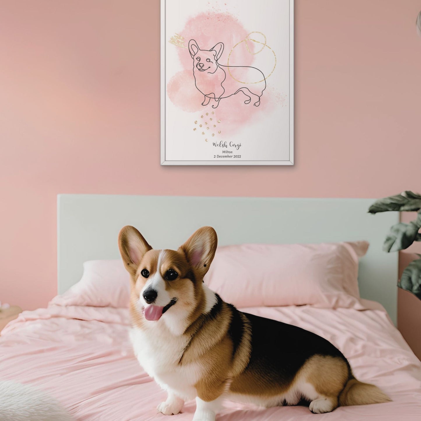 Minimalistisk rosa poster med Welsh Corgi och en söt Welsh Corgi-hund bredvid, design från Colorful Pets.