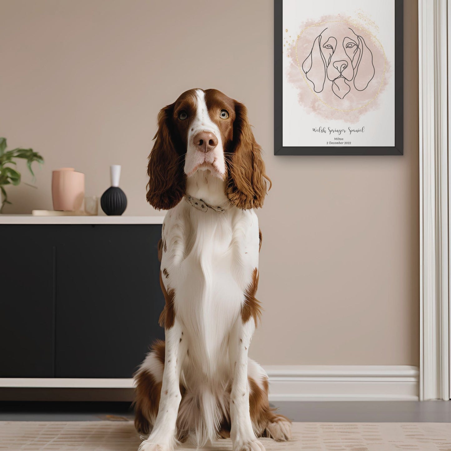 Minimalistisk beige poster med Welsh Springer Spaniel och en charmig Welsh Springer Spaniel-hund bredvid, design från Colorful Pets.