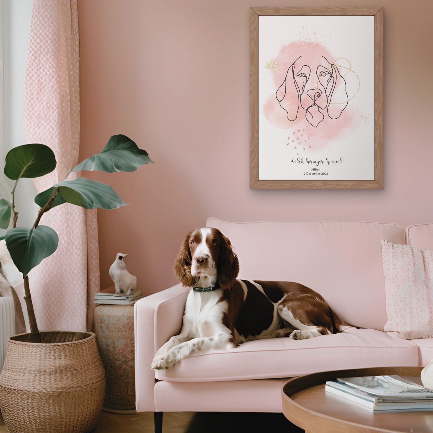 Minimalistisk rosa poster med Welsh Springer Spaniel och en söt Welsh Springer Spaniel-hund bredvid, design från Colorful Pets
