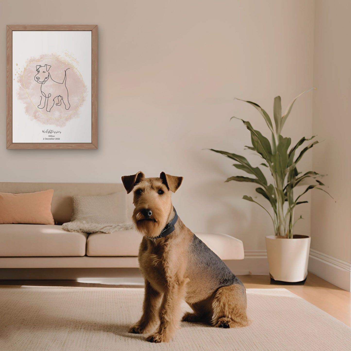 Minimalistisk beige poster med Welshterrier och en glad Welshterrier-hund bredvid, design från Colorful Pets.