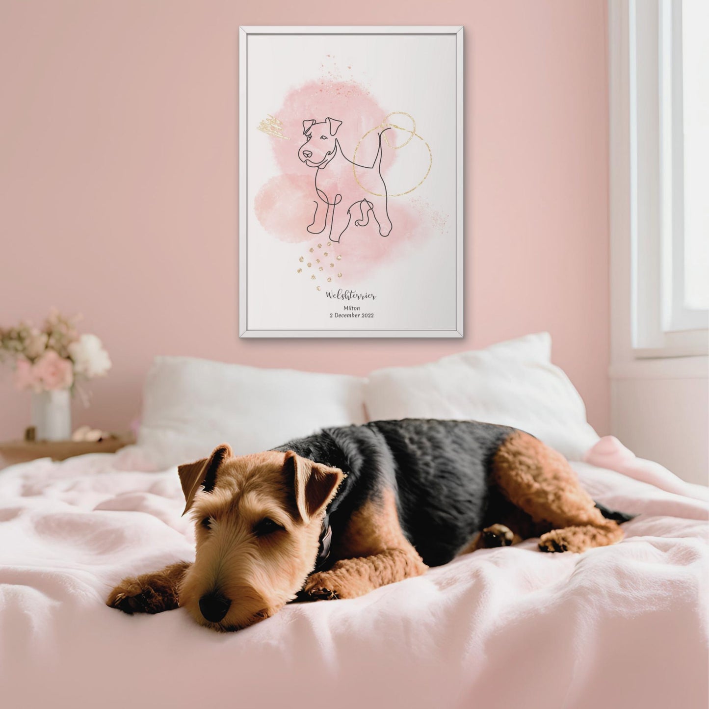 Minimalistisk rosa poster med Welshterrier och en glad Welshterrier-hund bredvid, design från Colorful Pets.
