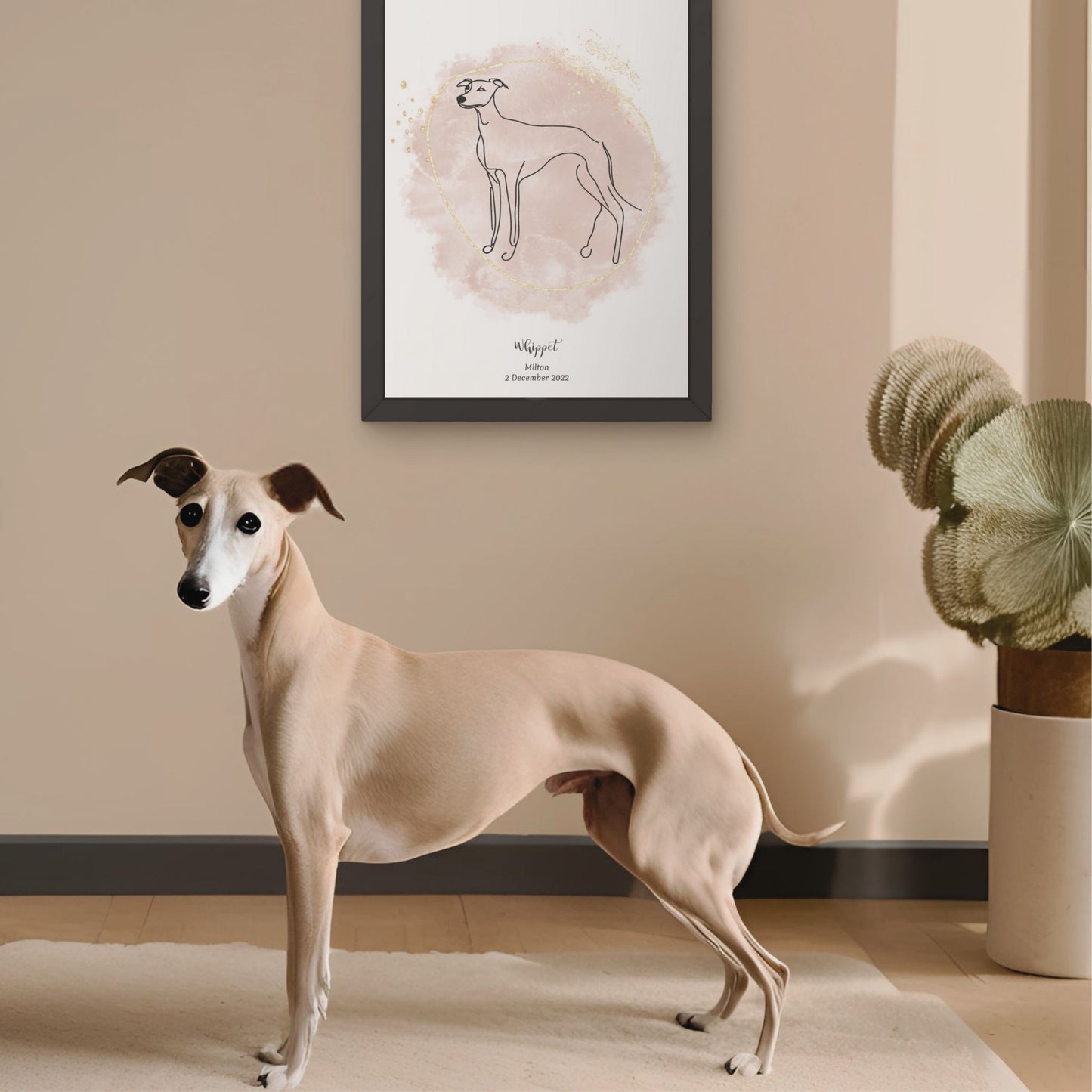 Minimalistisk beige poster med Whippet och en elegant Whippet-hund bredvid, design från Colorful Pets.