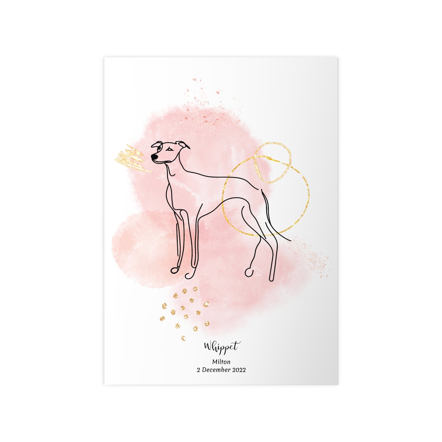 Minimalistisk rosa poster med Whippet, personlig design från Colorful Pets.