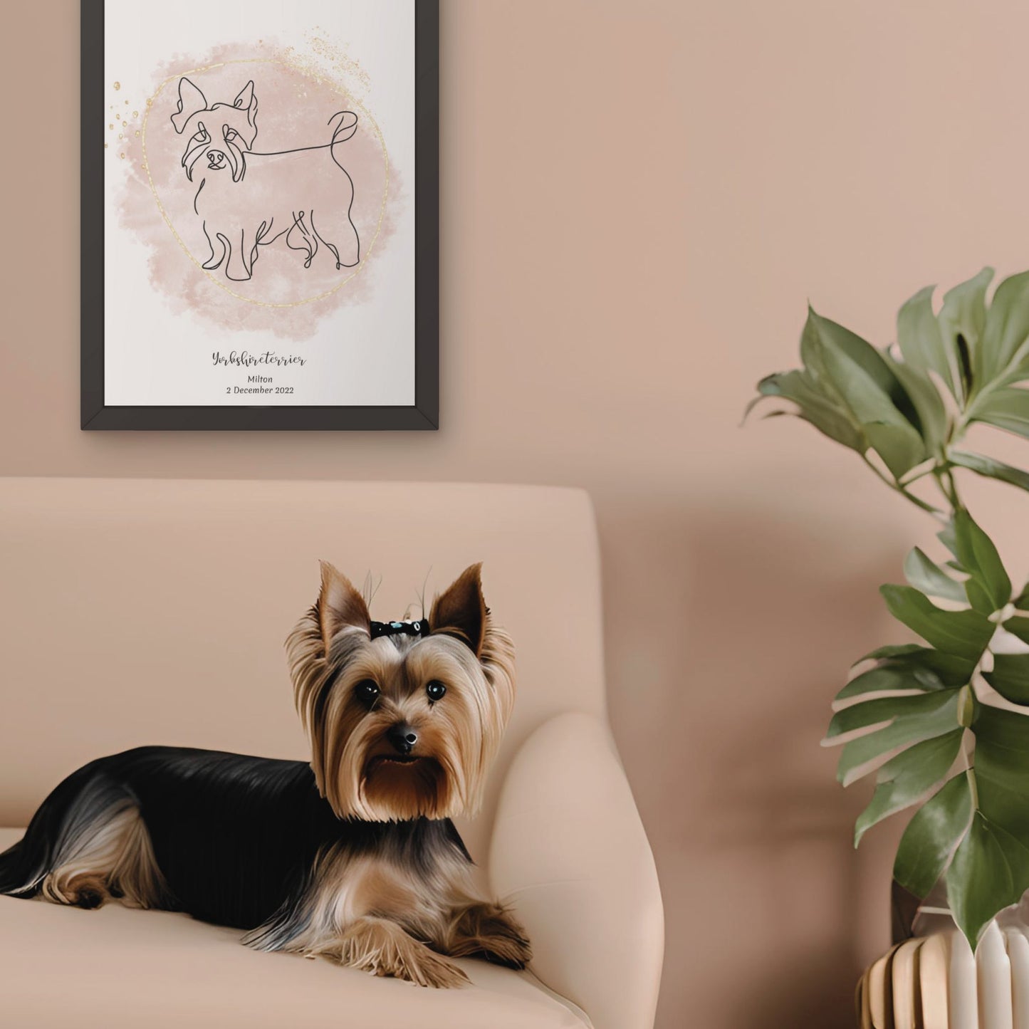Minimalistisk beige poster med Yorkshireterrier och en söt Yorkshireterrier-hund bredvid, design från Colorful Pets.