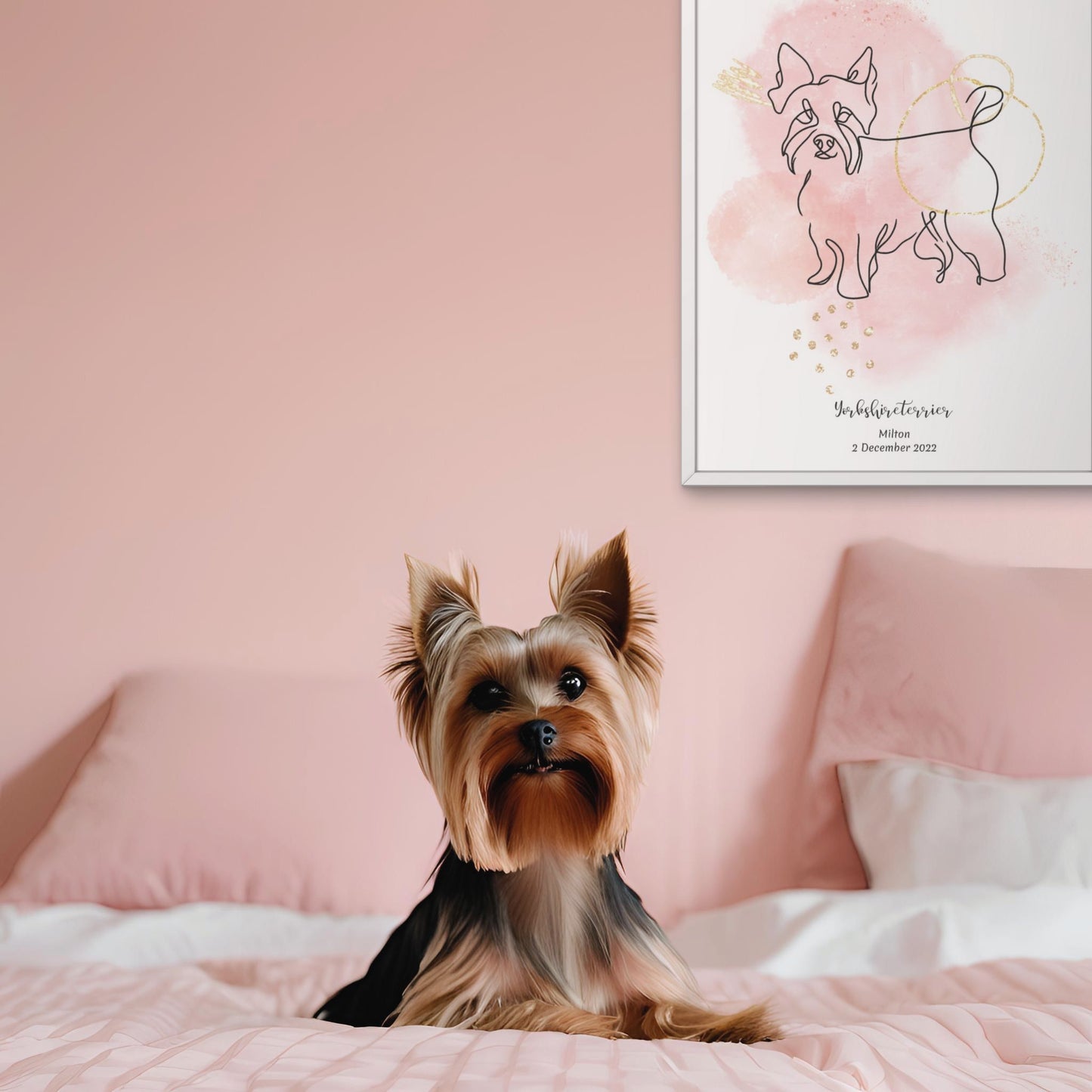 Minimalistisk rosa poster med Yorkshireterrier och en söt Yorkshireterrier-hund bredvid, design från Colorful Pets.