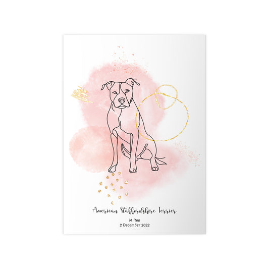 Minimalistisk rosa poster med American Staffordshire Terrier, personlig design från Colorful Pets.