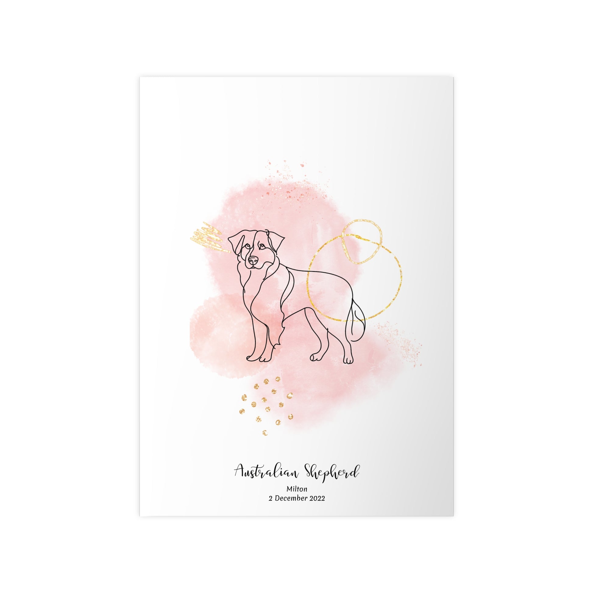 Minimalistisk rosa poster med Australian Shepherd, personlig design från Colorful Pets.