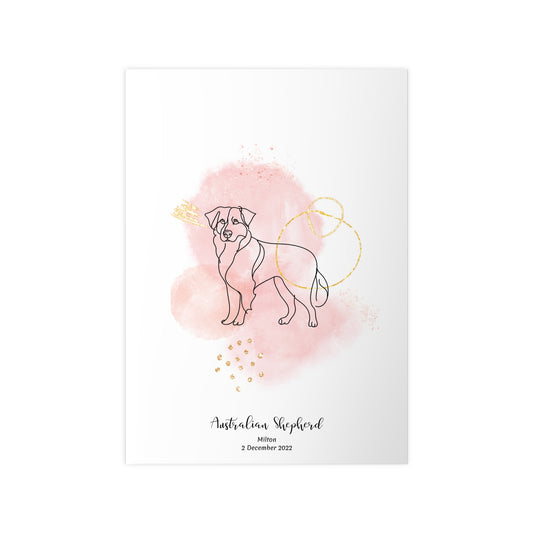 Minimalistisk rosa poster med Australian Shepherd, personlig design från Colorful Pets.