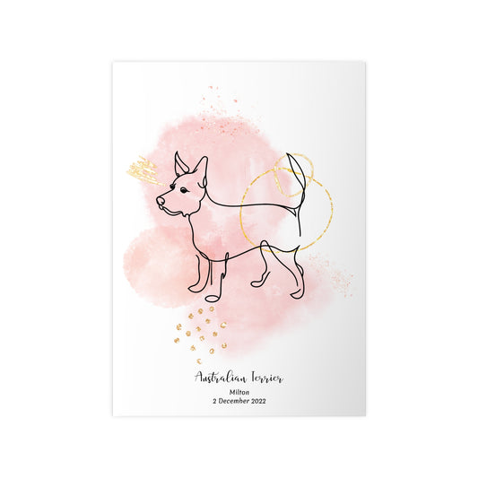 Minimalistisk rosa poster med Australisk Terrier, personlig design från Colorful Pets.