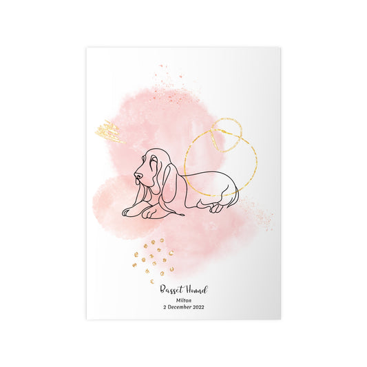 Minimalistisk rosa poster med Basset Hound, personlig design från Colorful Pets.