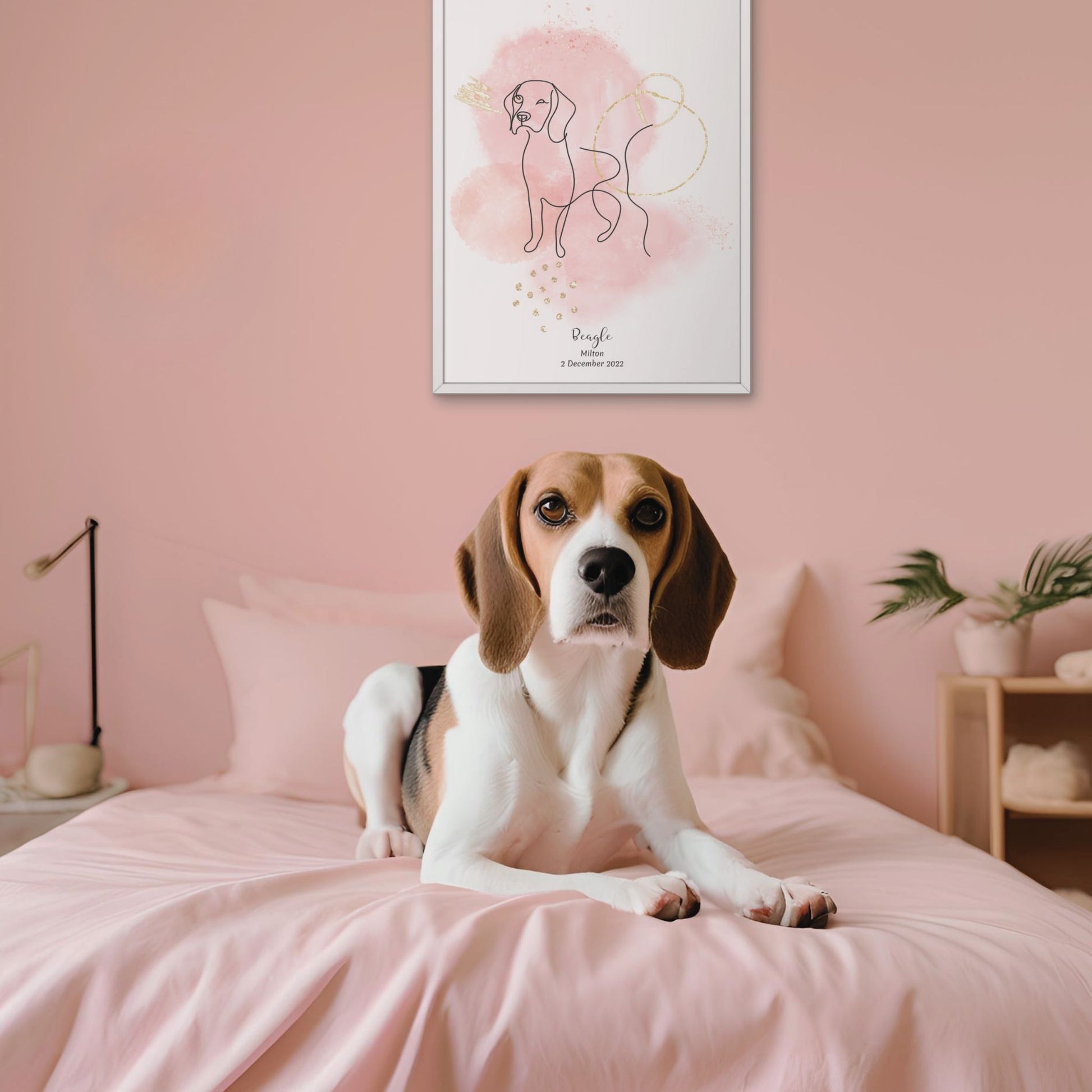 Minimalistisk rosa poster med Beagle och en charmig Beagle-hund bredvid, design från Colorful Pets.