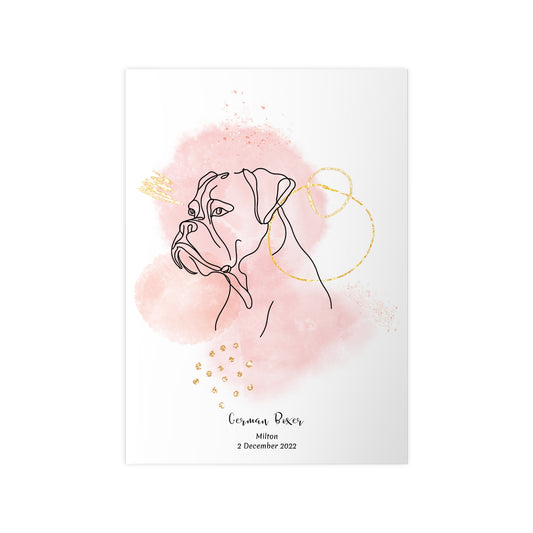 Minimalistisk rosa poster med Boxer, personlig design från Colorful Pets.