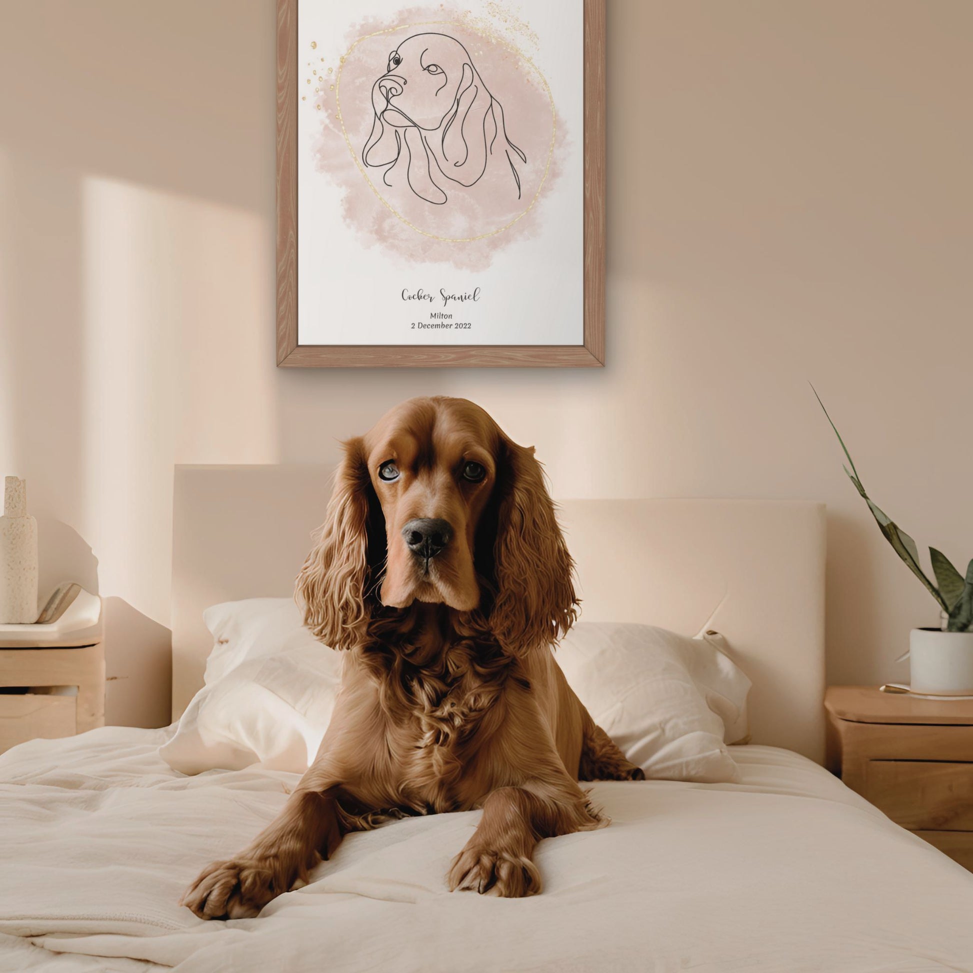 Minimalistisk beige poster med Cocker Spaniel och en söt Cocker Spaniel-hund bredvid, design från Colorful Pets.