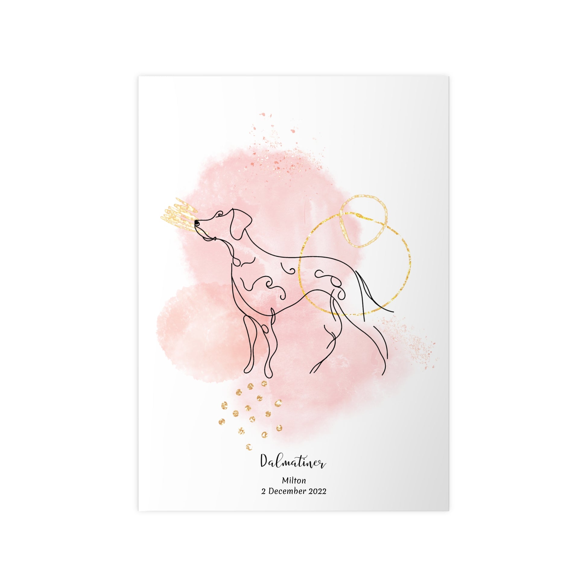 Minimalistisk rosa poster med Dalmatiner, personlig design från Colorful Pets.
