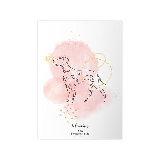 Minimalistisk rosa poster med Dalmatiner, personlig design från Colorful Pets.
