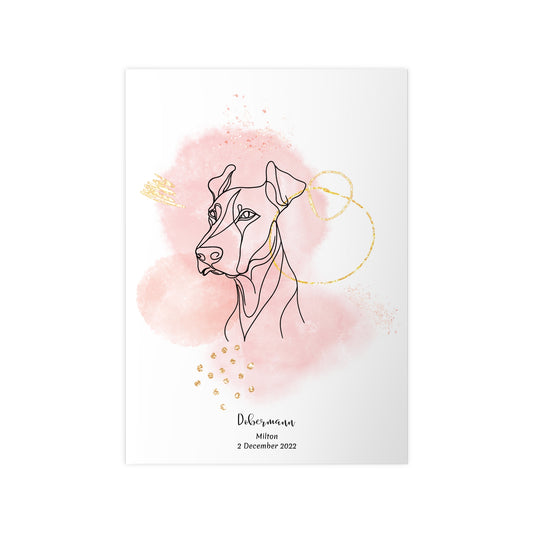 Minimalistisk rosa poster med Dobermann, personlig design från Colorful Pets.
