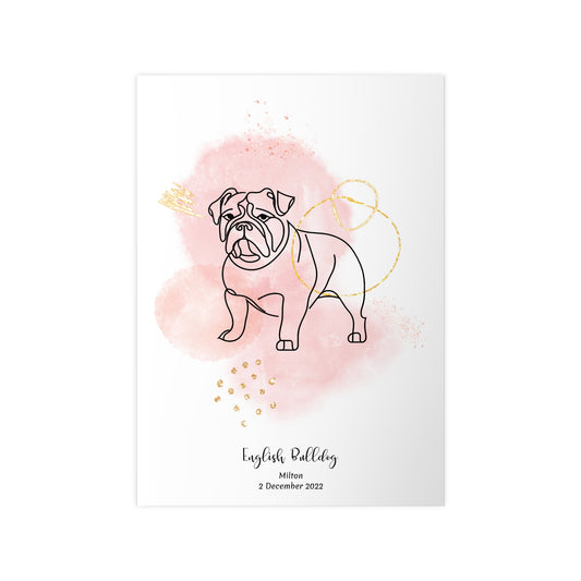 Minimalistisk rosa poster med Engelsk Bulldog, personlig design från Colorful Pets.